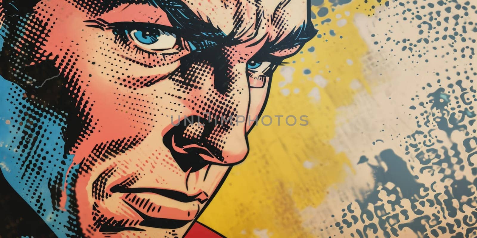 The close up picture that has been drawn in retro or vintage art style comic about confident, handsome, and bold male human looking or staring something outside camera that cannot be captured. AIGX01.