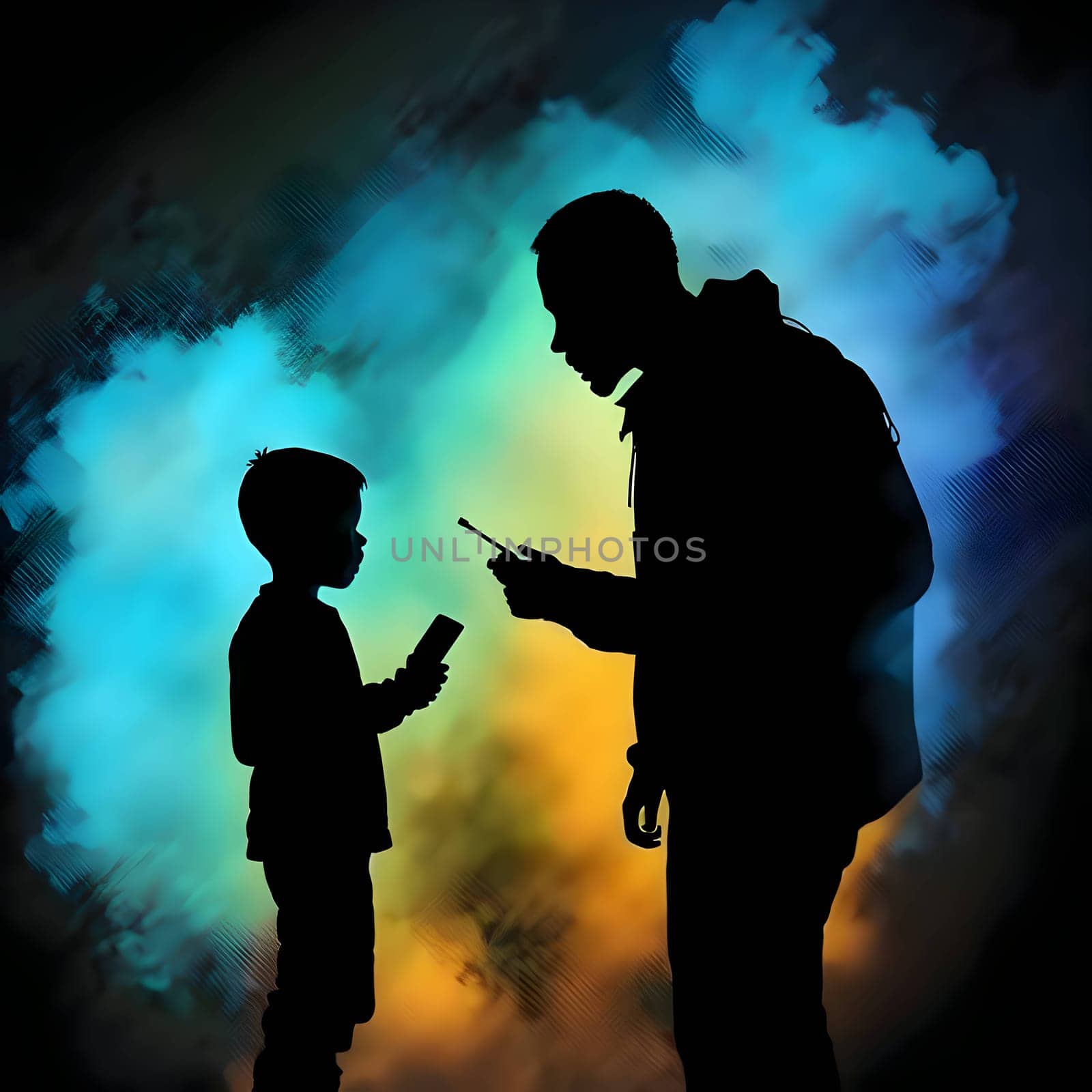 Black silhouette of a two boys on colorful background. by ThemesS