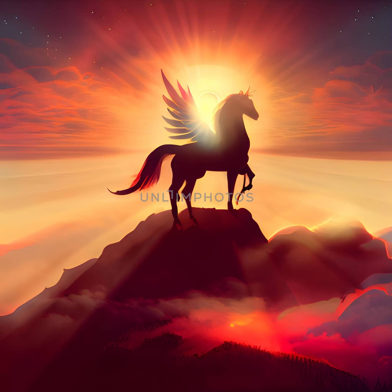 Vector illustration of a pegasus horse in black silhouette against a clean sunset background, capturing graceful forms.