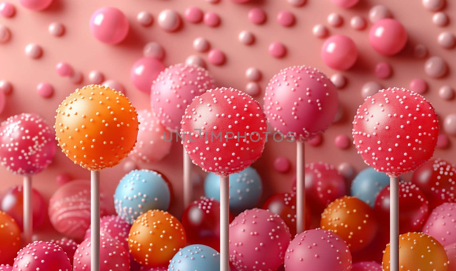 Colorful Cake Pops on Pink Background. Selective focus.