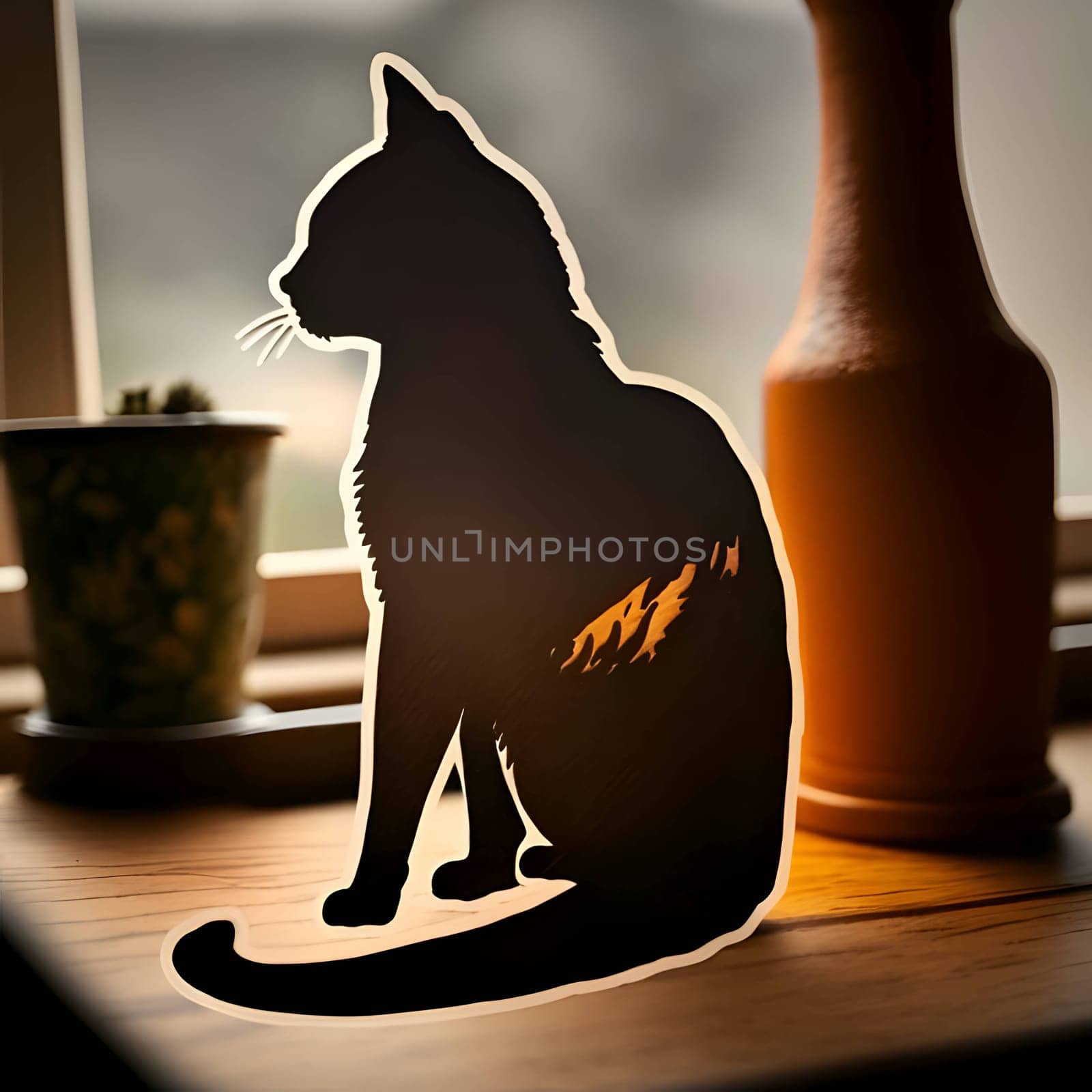 Vector illustration of a cat in black silhouette against a desk in background, capturing graceful forms.