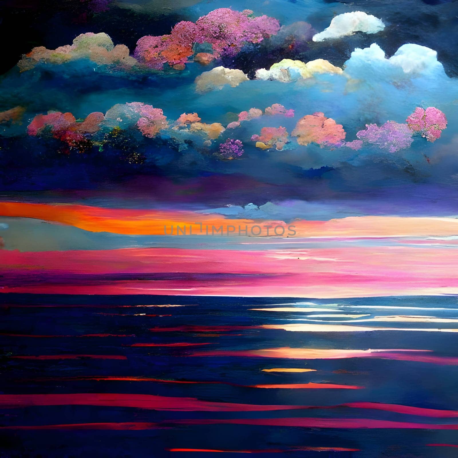 Abstract landscape: Vibrant hues of orange and purple blend across the canvas, depicting a surreal seascape with a setting sun and wisps of clouds in the sky.