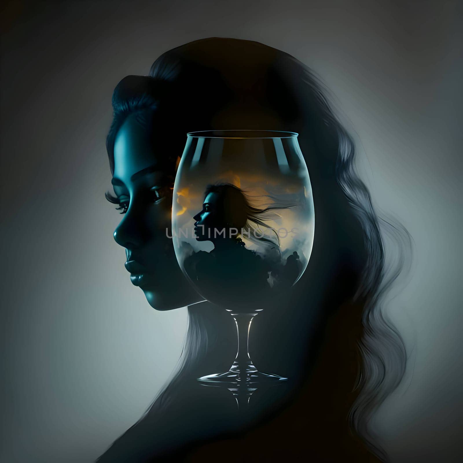 Abstract illustration: A mysterious and alluring woman's face emerges from the darkness, delicately framed by a glass. The dark composition adds an air of intrigue and intensity.