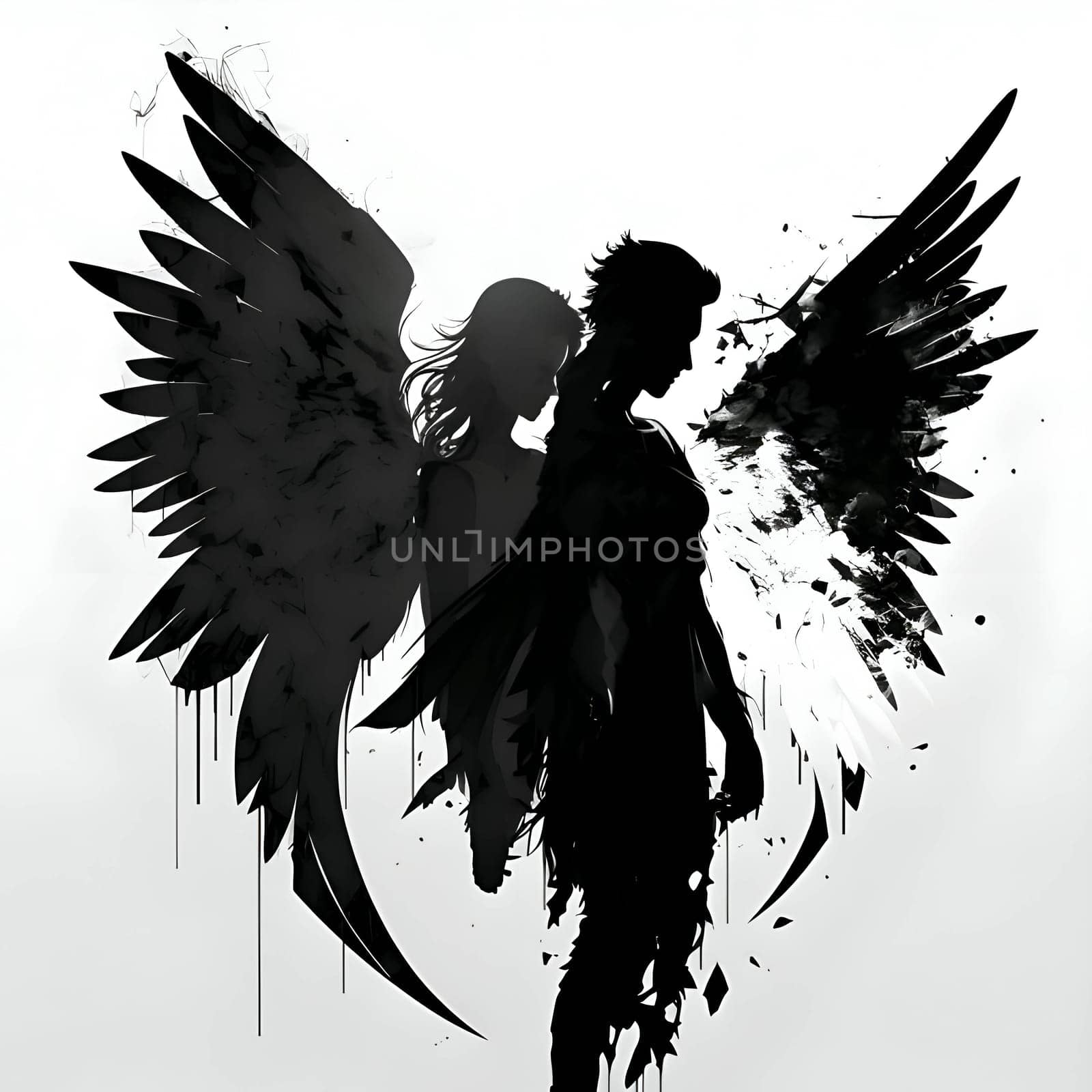 Vector illustration of an angel in black silhouette against a clean white background, capturing graceful forms.