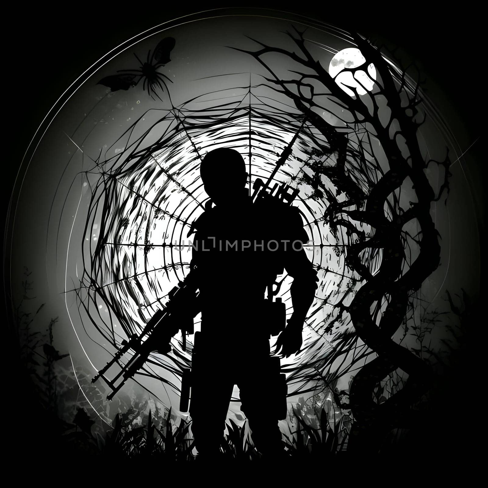 Vector illustration of a sniper in black silhouette against a clean white background, capturing graceful forms.