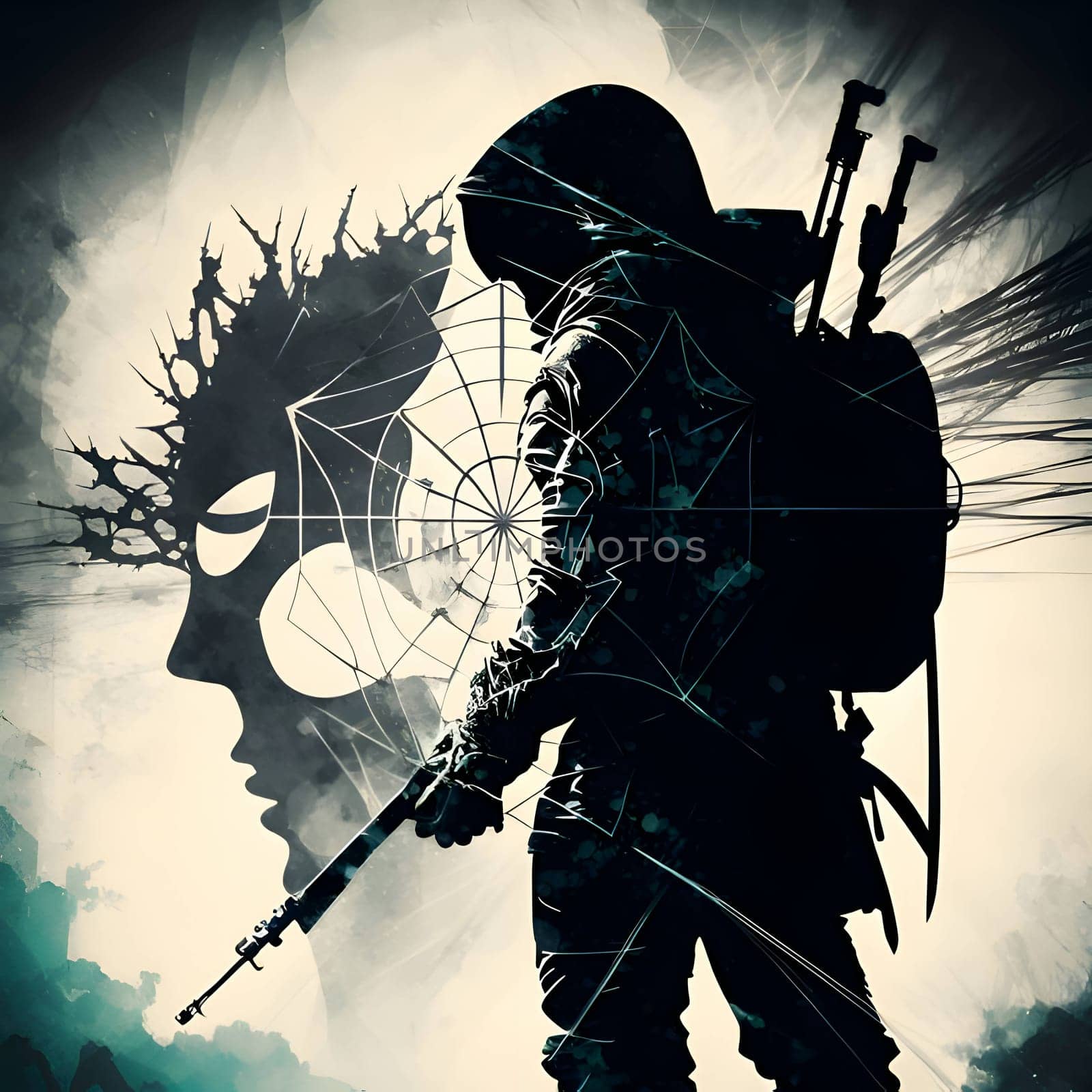 Vector illustration of a sniper in black silhouette against a clean white background, capturing graceful forms.