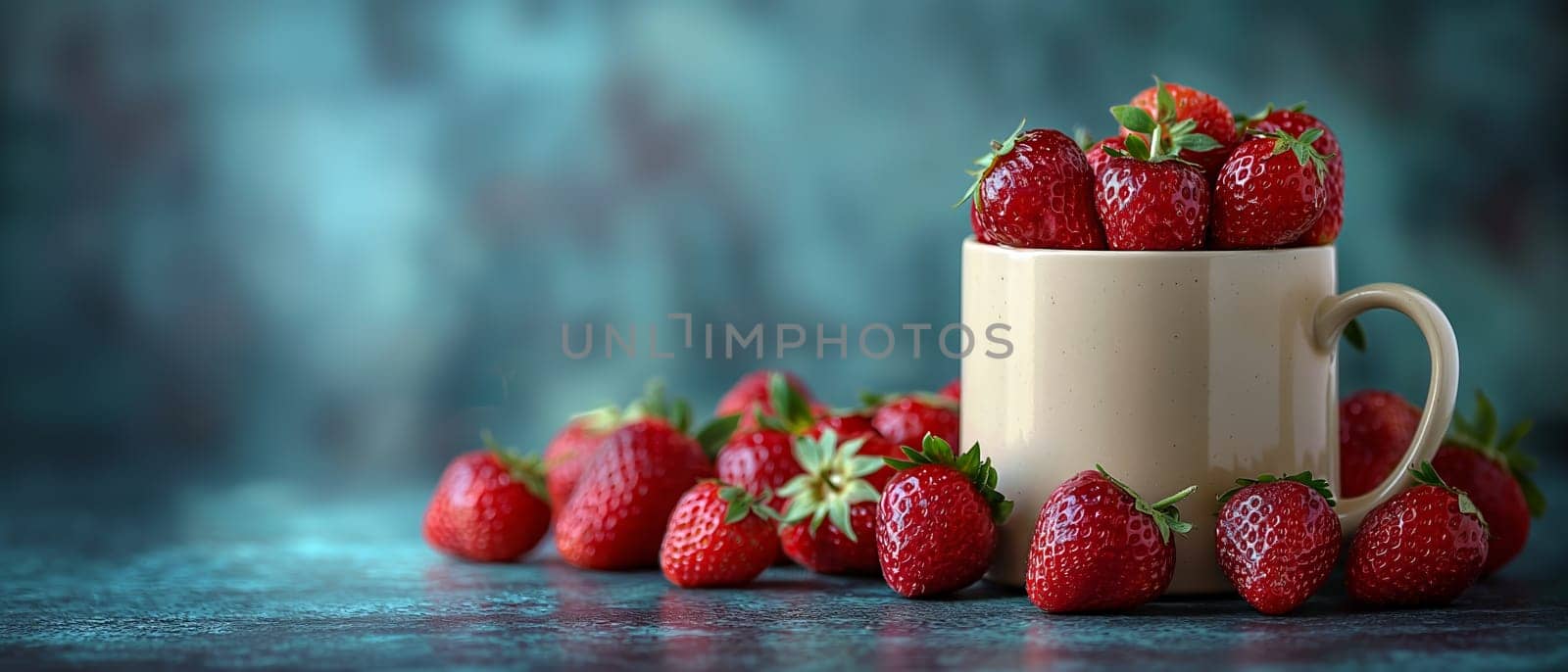 Red Cup With Strawberries on Wooden Table. Selective focus.