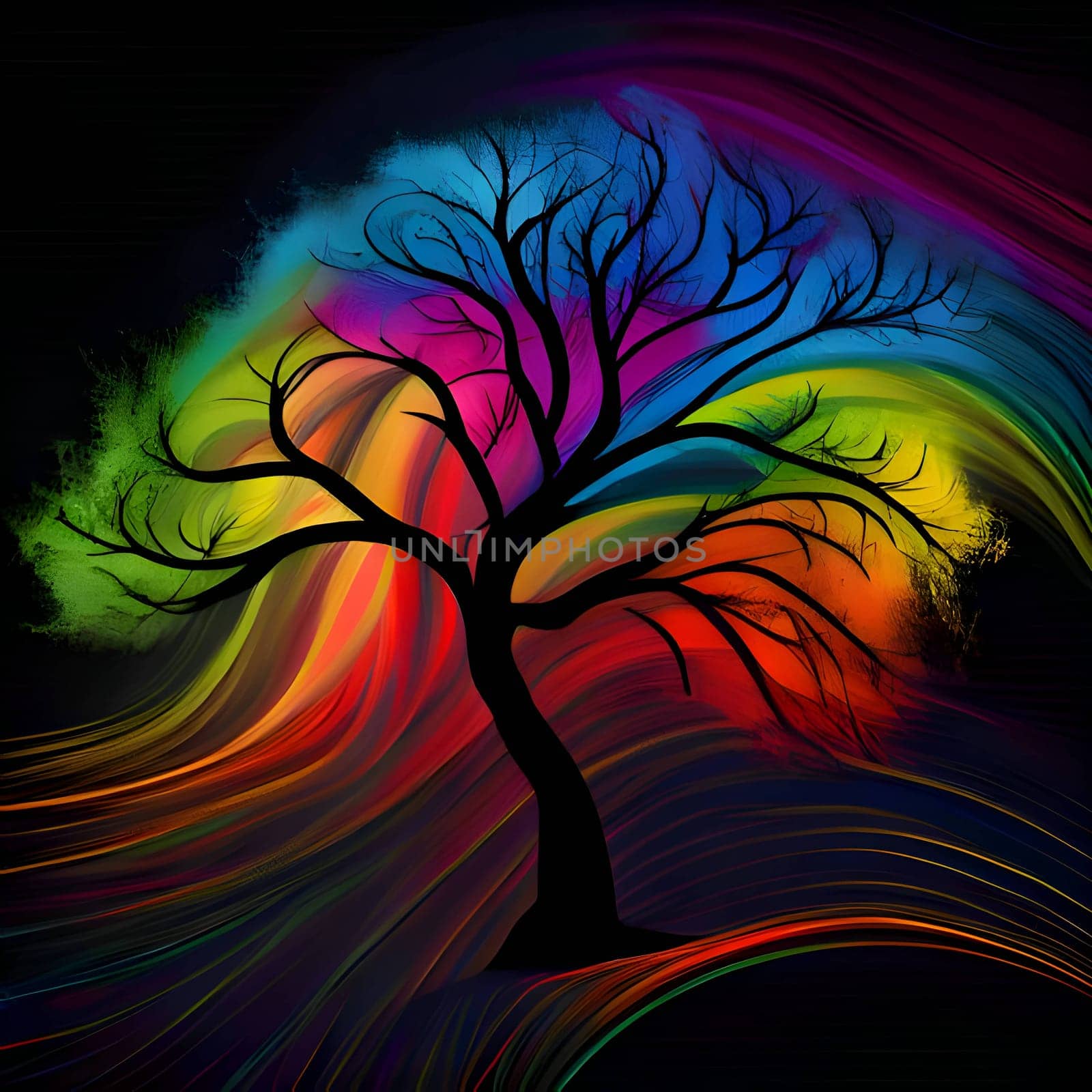 Vector illustration of a tree in black silhouette against a colorful background, capturing graceful forms.