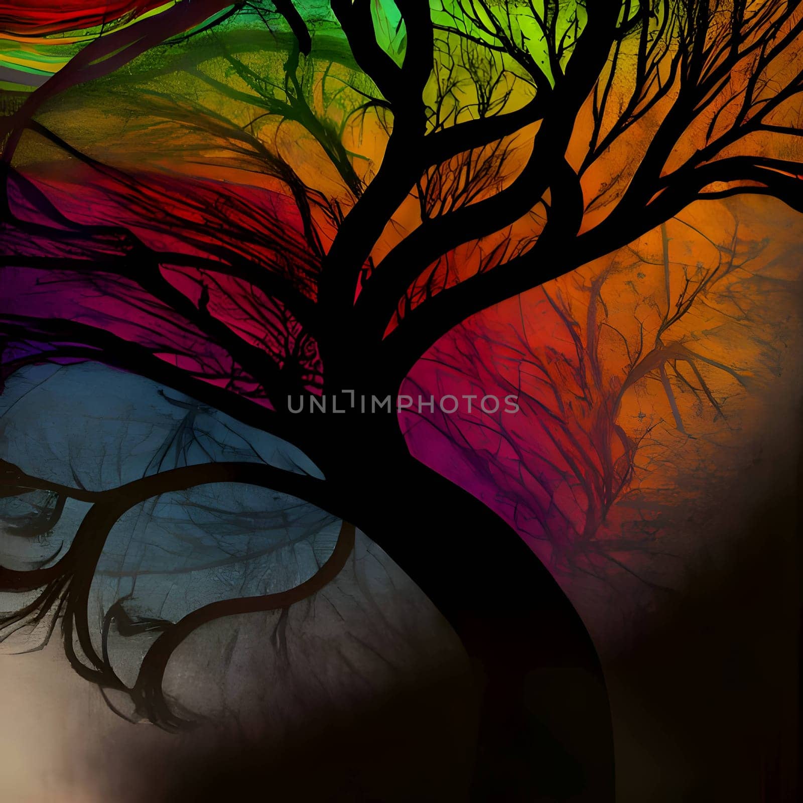 Vector illustration of a tree in black silhouette against a colorful background, capturing graceful forms.