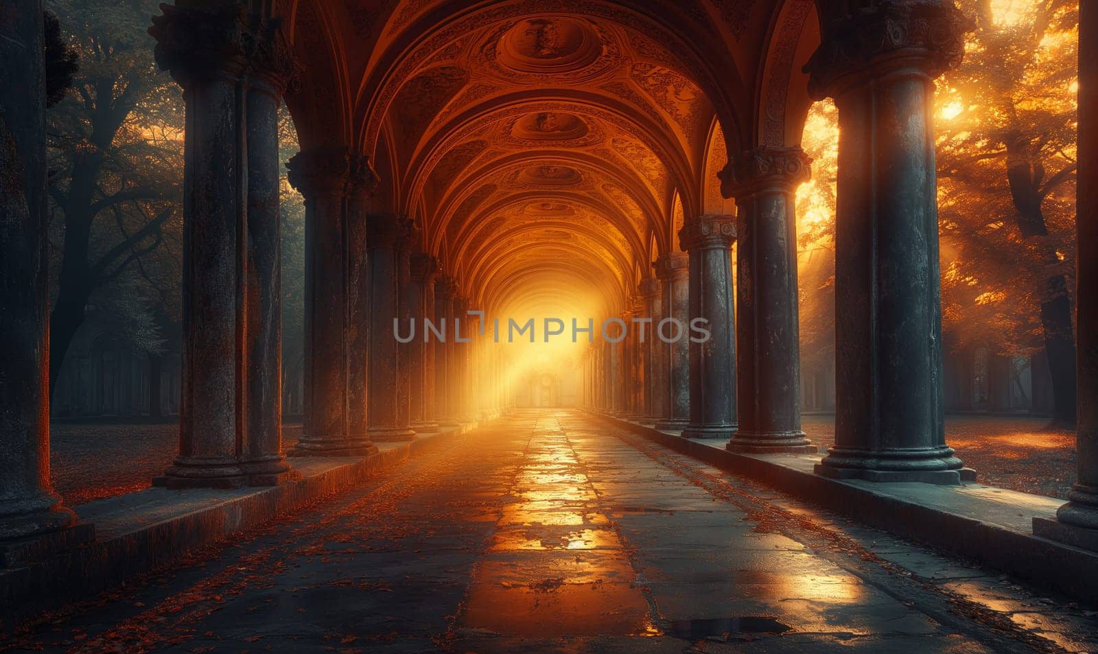Autumn Sunrise in Arched Corridor. Selective focus.