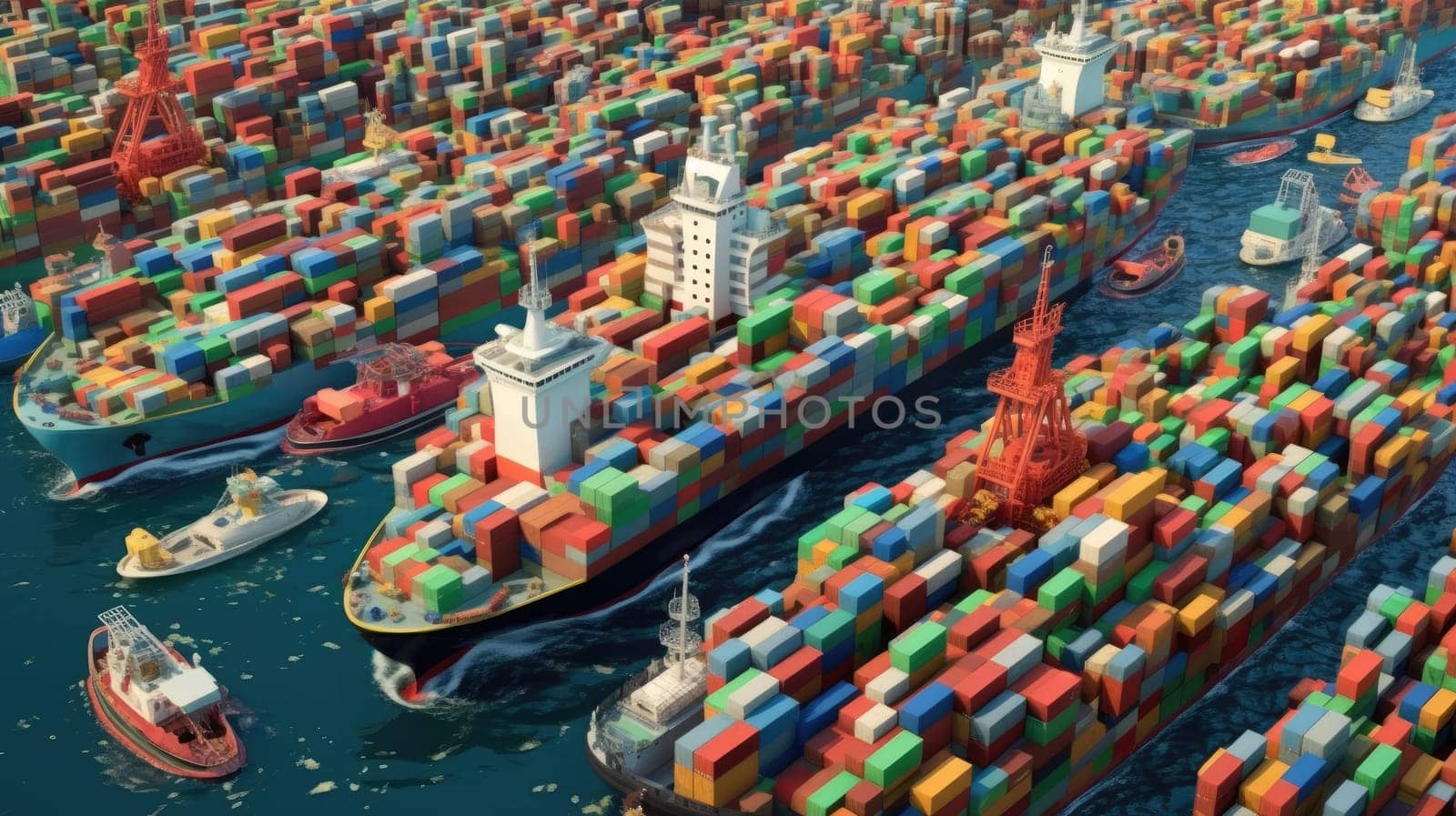 Vividly colored shipping containers on cargo ships at sea. Logistics and global trade concept with bright and colorful design for transportation and economy-related themes. Shipping concept. AIG35.