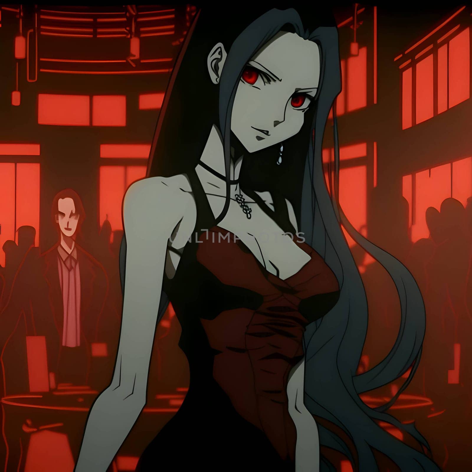 An animated girl dances in a vibrant club, surrounded by a dynamic composition of red and black, creating an energetic atmosphere.