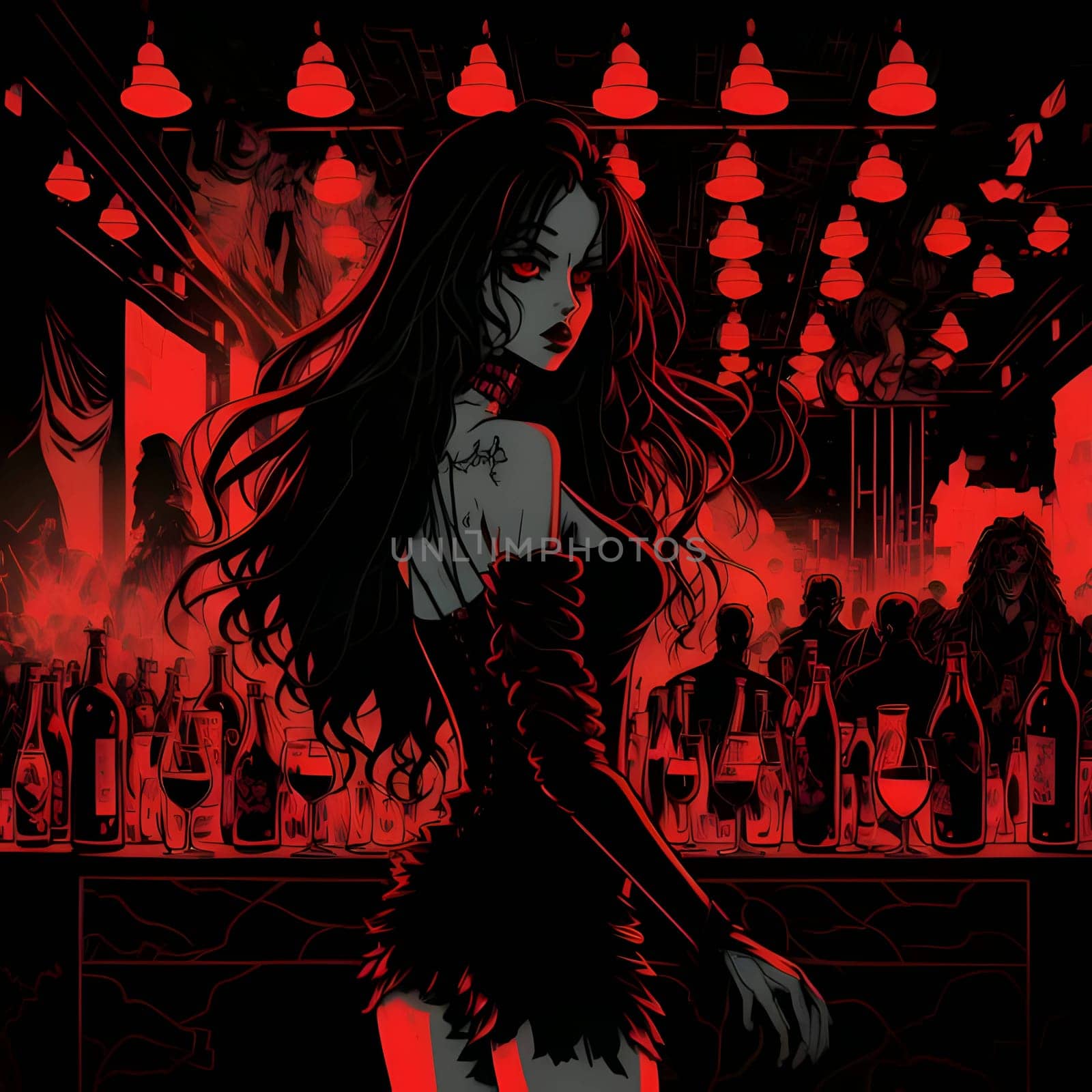 An animated girl dances in a vibrant club, surrounded by a dynamic composition of red and black, creating an energetic atmosphere.