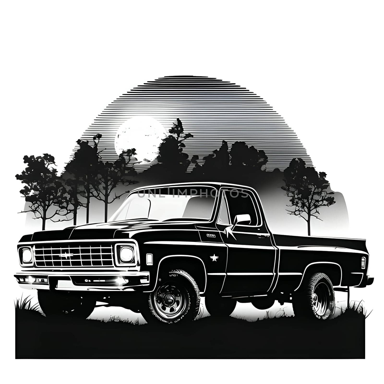 Vector illustration of a pickup in black silhouette against a clean white background, capturing graceful forms.
