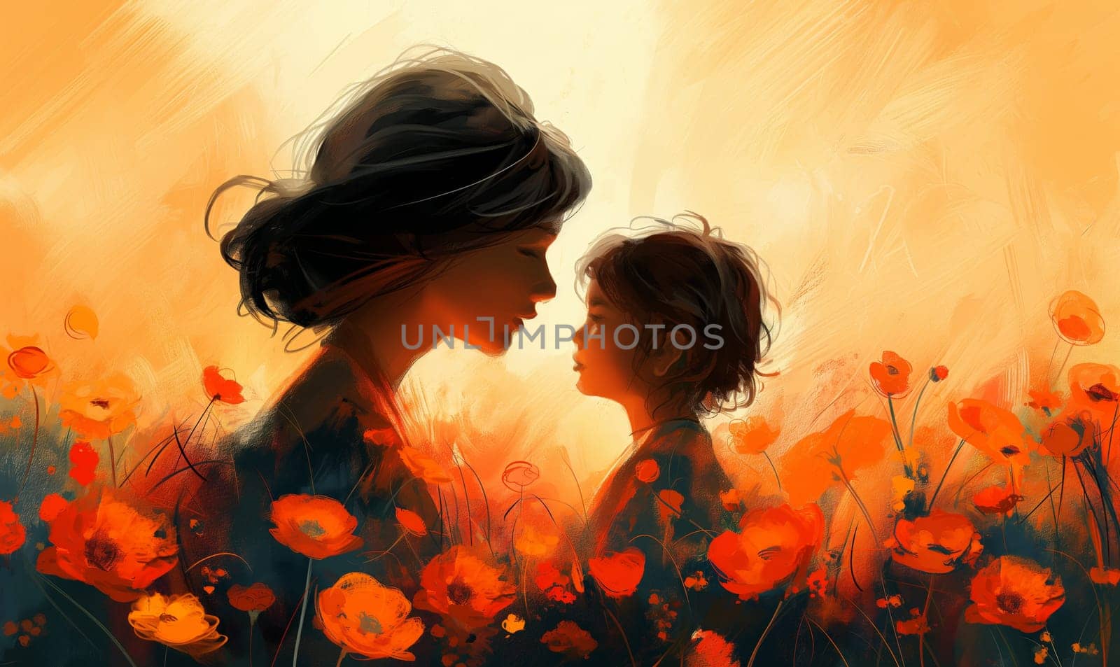 Woman Holding Child in Flower Field. by Fischeron