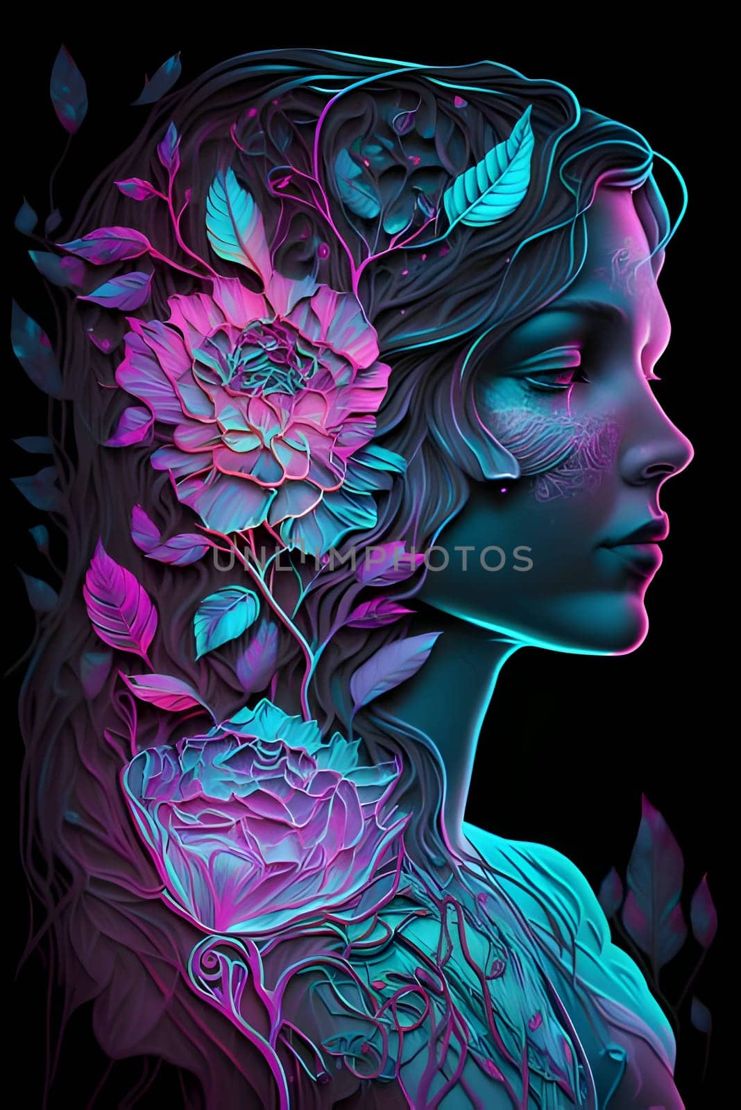 Colorful composition of a flower woman on a black background by ThemesS