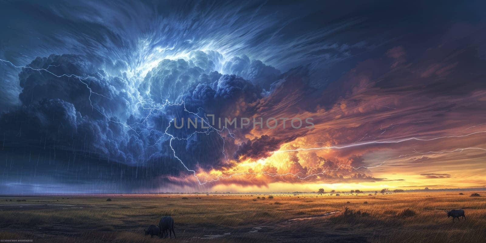 A vivid artwork of an African savannah scene, where the tranquility of a sunset is contrasted with the powerful drama of an approaching thunderstorm. Resplendent.