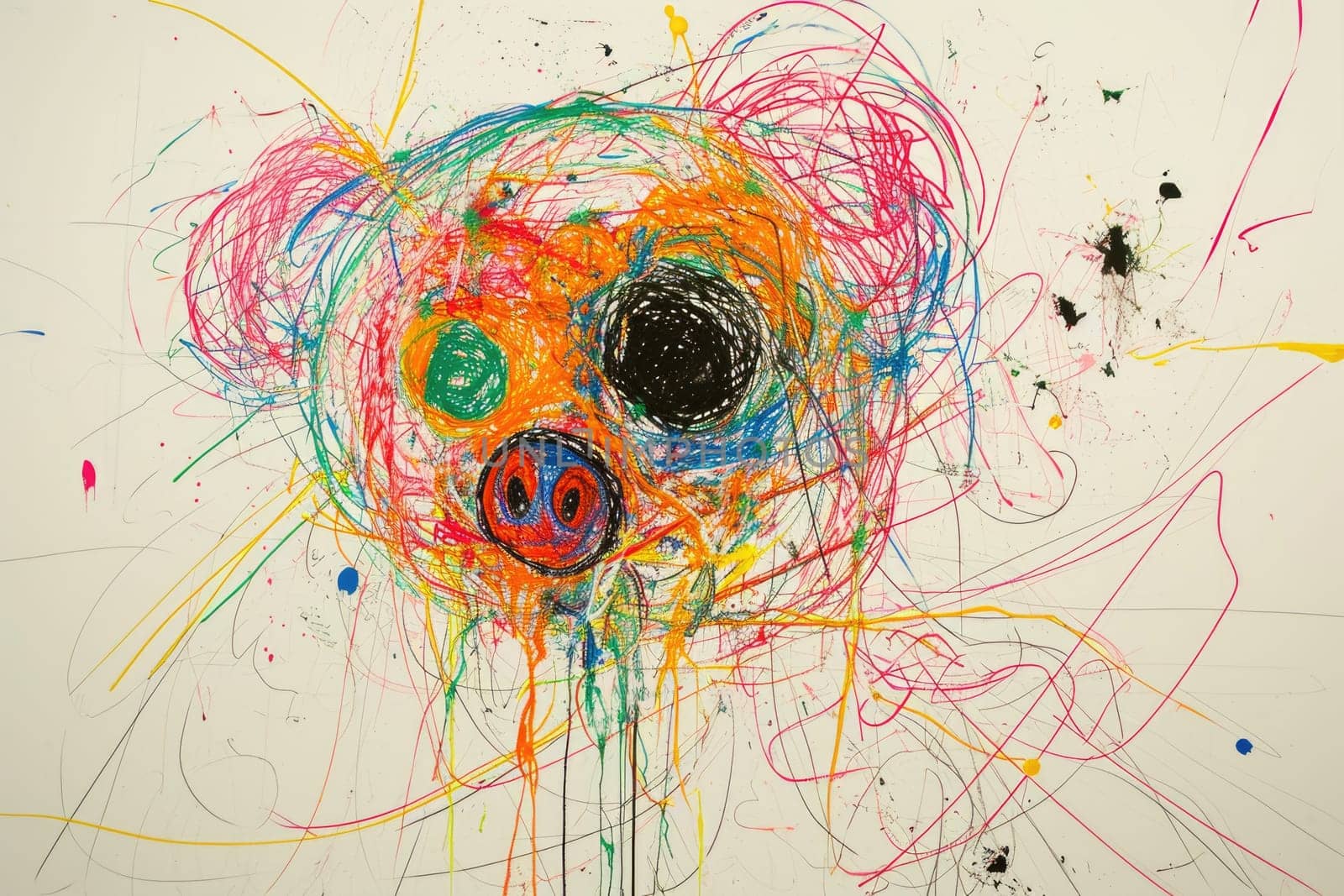 The hand drawing colourful picture of the pig that has been drawn by the colored pencil, crayon or chalk on the white blank background that seem to be drawn by the child that willing to draw. AIGX01.