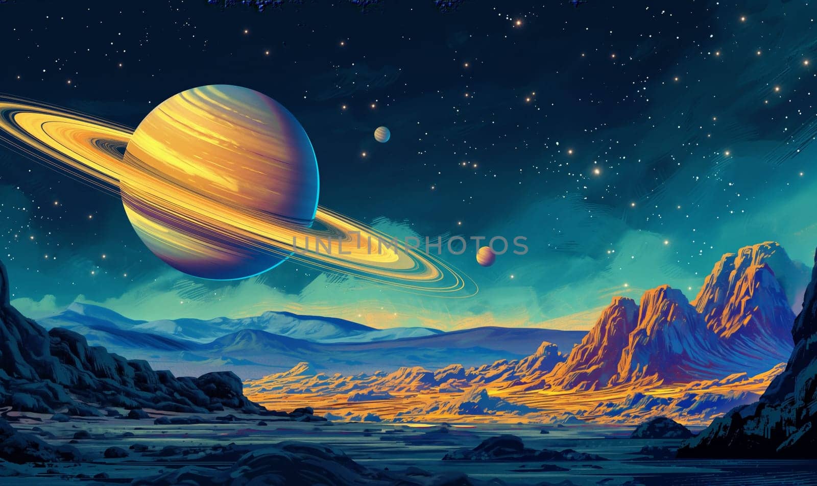 Saturn Rising Over Alien Landscape at Dusk. Selective focus.