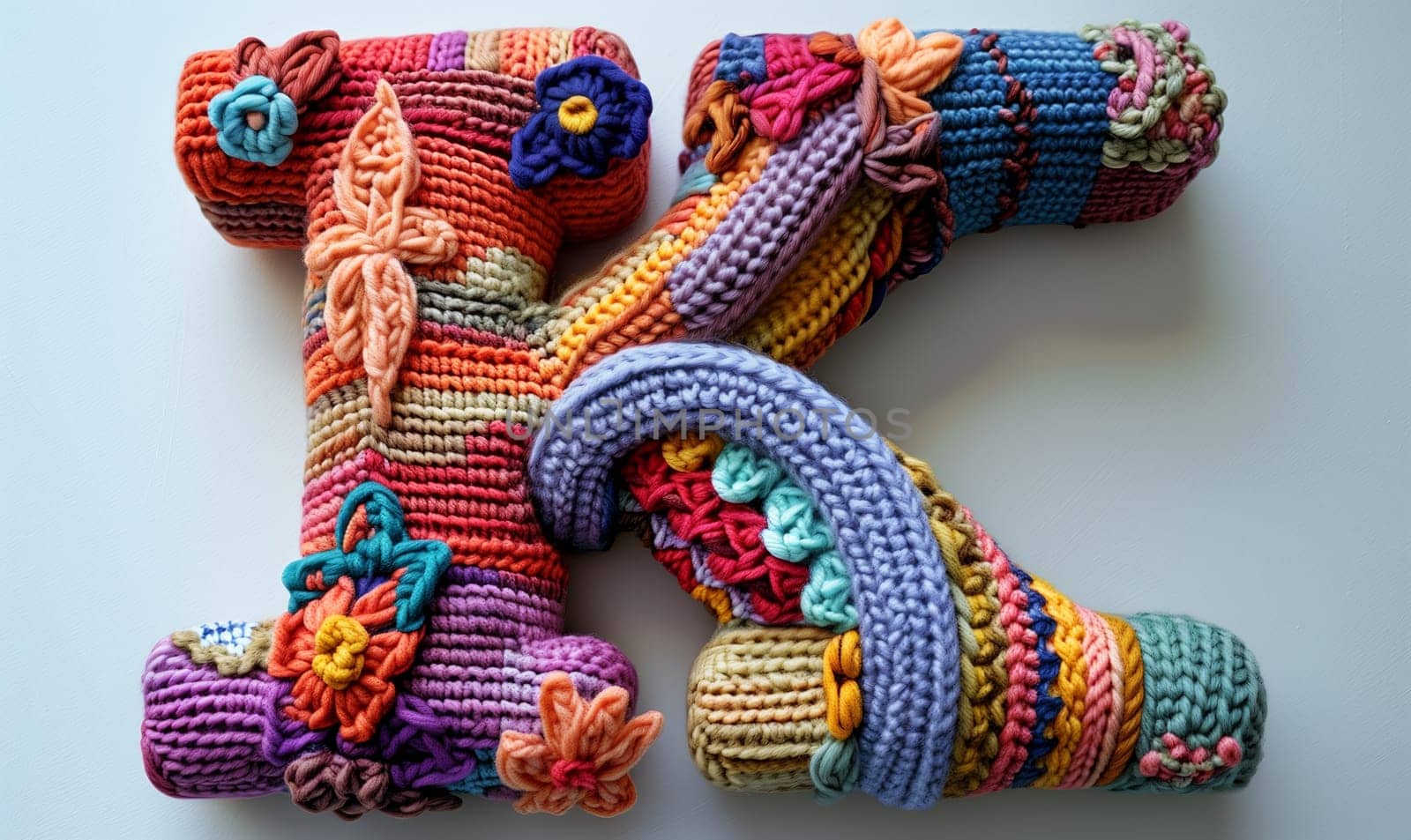 Knitted colored letter K on an abstract background. Selective focus.