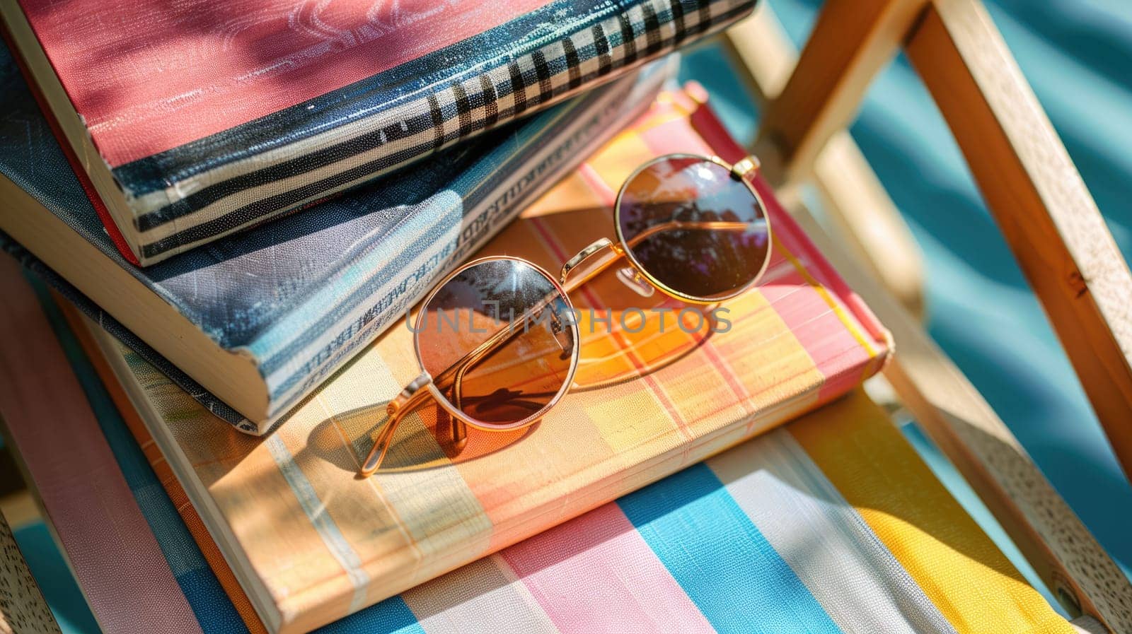 An open book and glasses in Electric blue frames are placed on a wooden chair. The contrast between the Azure chair and Aqua glass creates a visually appealing scene, perfect for art lovers AIG50