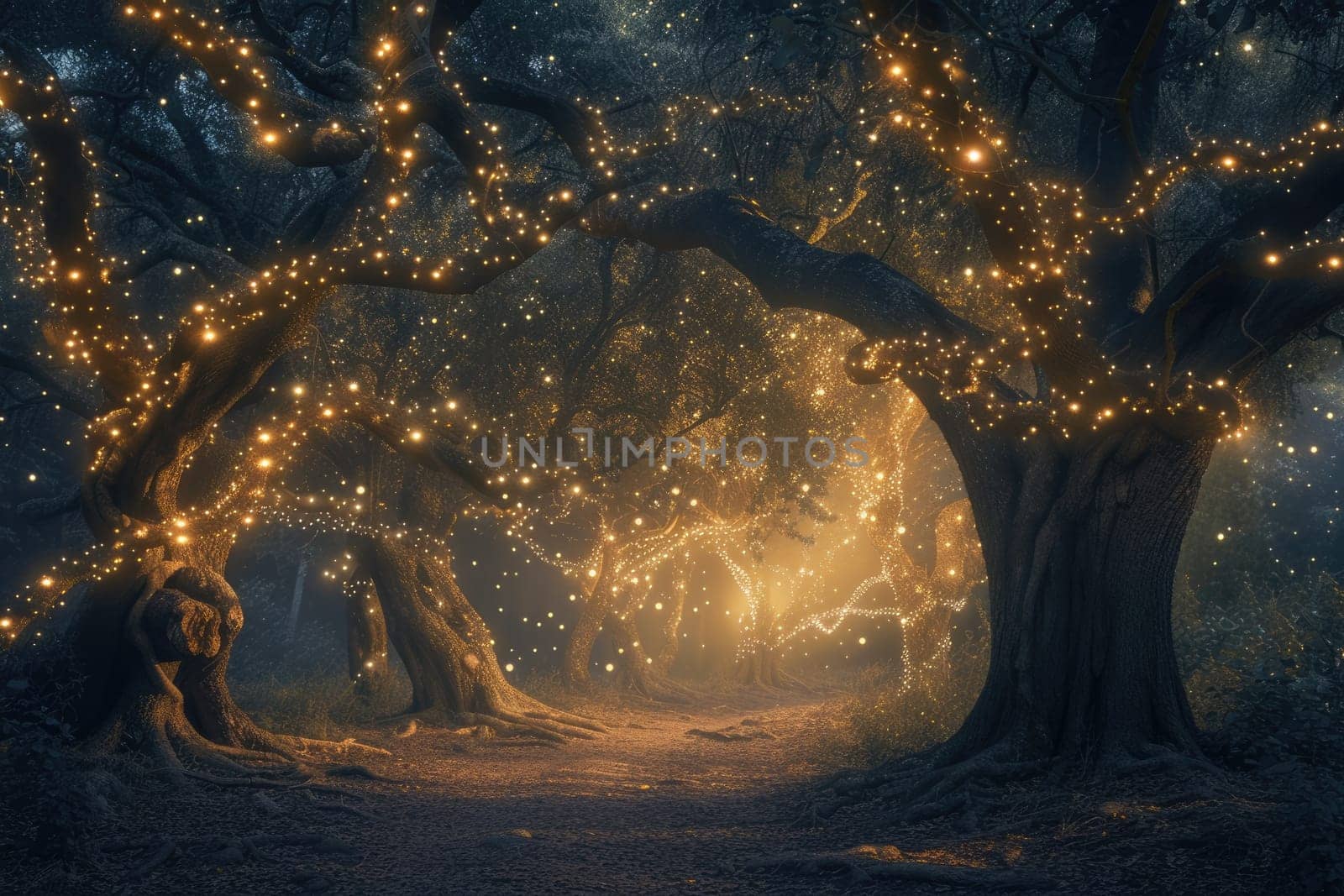 An ethereal twilight scene in a mystical forest, with trees adorned by warm glowing lights and a carpet of blue flowers under a starry sky. Resplendent.