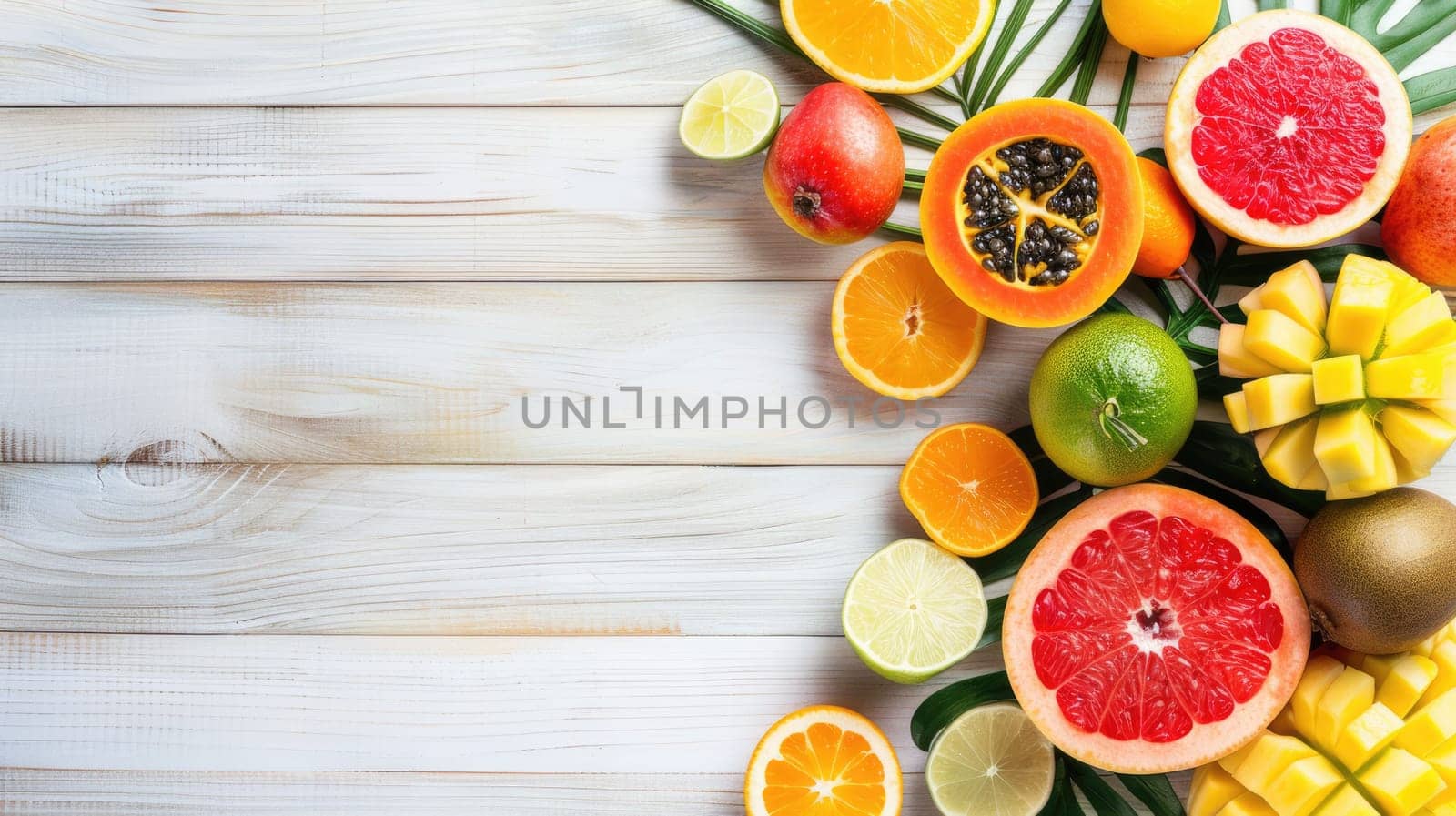 A diverse selection of tropical fruits and leaves displayed on a wooden table, perfect ingredients for creating exotic cuisine dishes and natural food recipes AIG50