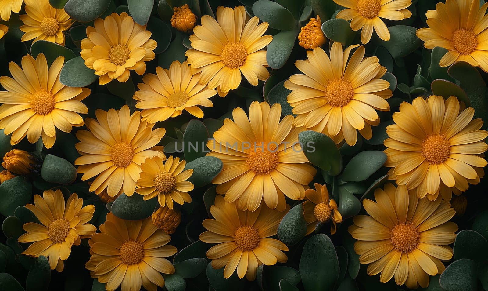 Golden Marigolds Amidst Lush Green Leaves. Selective focus.