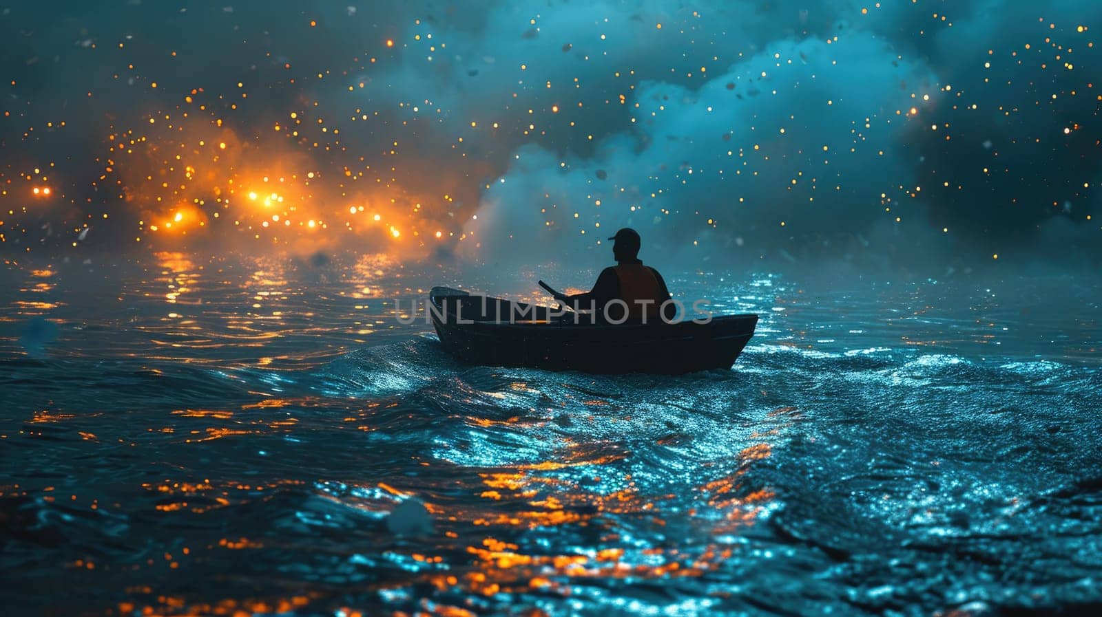 The picture of young or adult male or female that sailing the boat in the middle of the water that surrounded with nature in the nighttime of the day yet look bright and clear with the light. AIGX03.