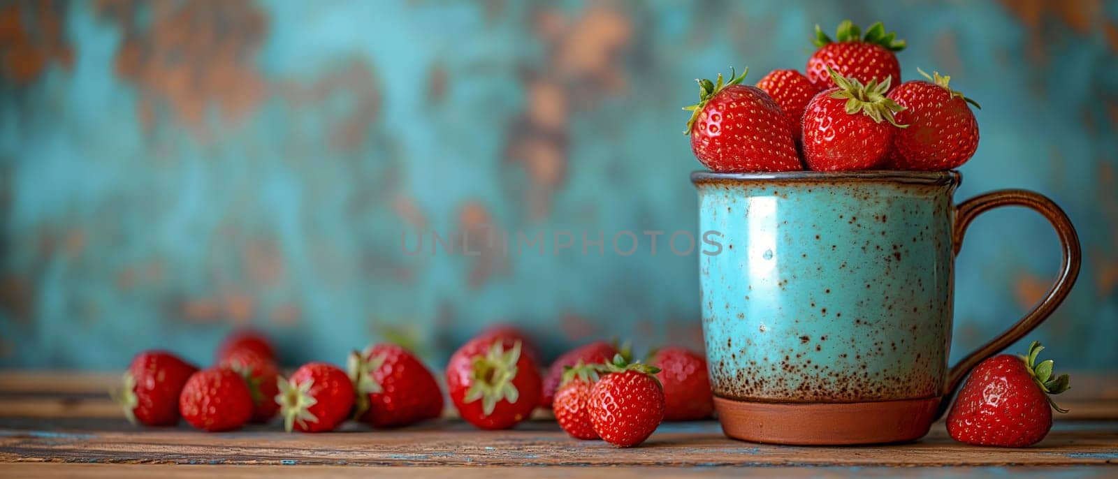 Red Cup With Strawberries on Wooden Table. by Fischeron