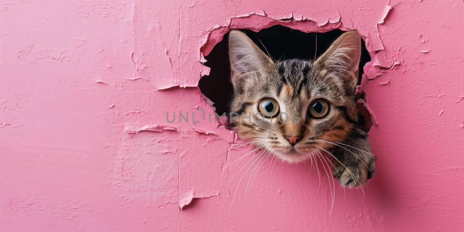 Close up view picture of the hollow pink hole on the the wall that show the cat stay inside the wall that has been made from some material yet still can break to look through the other side. AIGX03.