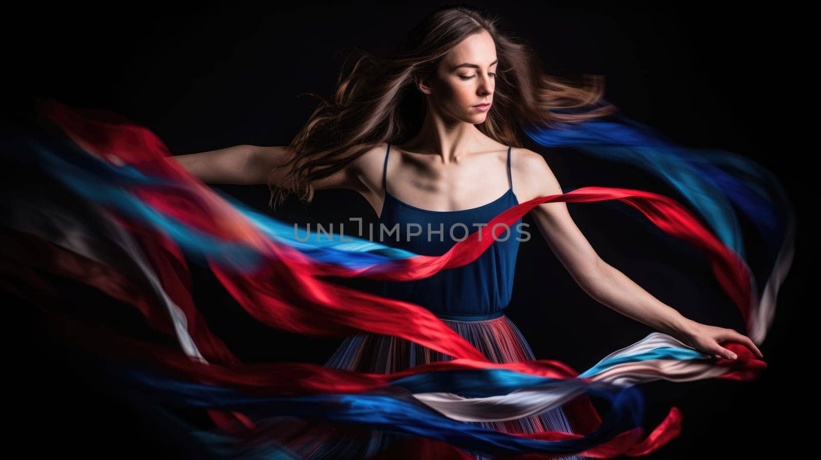 A photo of a beautiful young woman dancing with colorful ribbons. AIG51A.