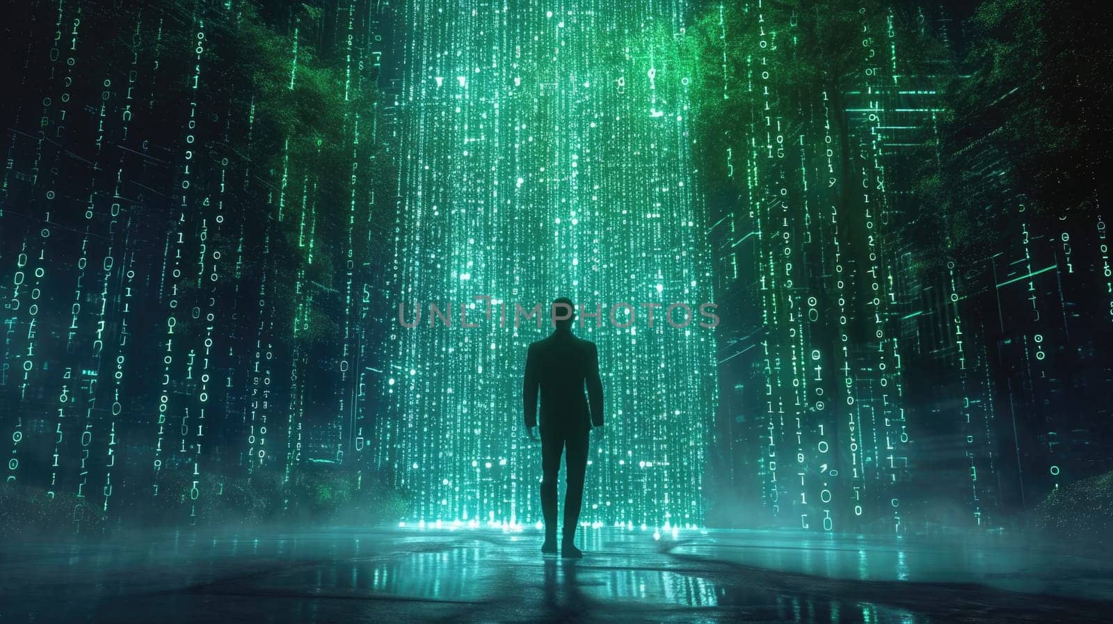 The picture of the single person that has been walking into the endless walkway that has been raining with the digital matrix green binary rain of code that seem like person search something. AIGX01.