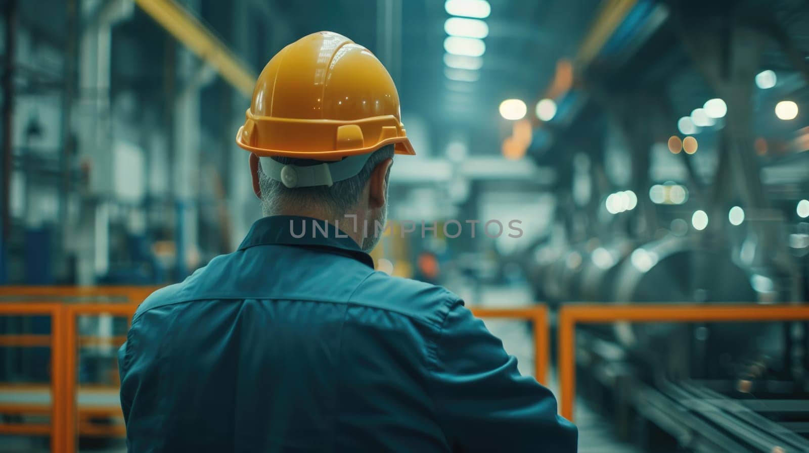 Smart civil engineer with safety helmet looking at production line while standing in front of factory. Professional supervisor or project manager or foreman checking and inspecting machine. AIG42.