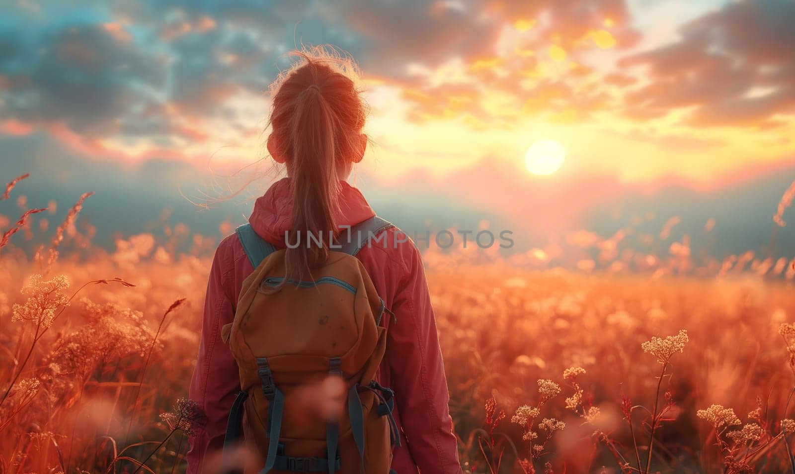 Woman Admiring Sunset in Blossoming Field. Selective soft focus.