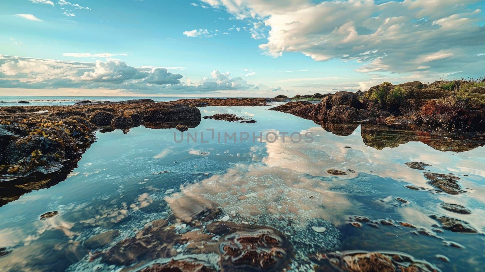 A picturesque natural landscape featuring a body of water surrounded by rocks and mountains, with a clear blue sky and fluffy clouds reflecting in the calm water AIG50