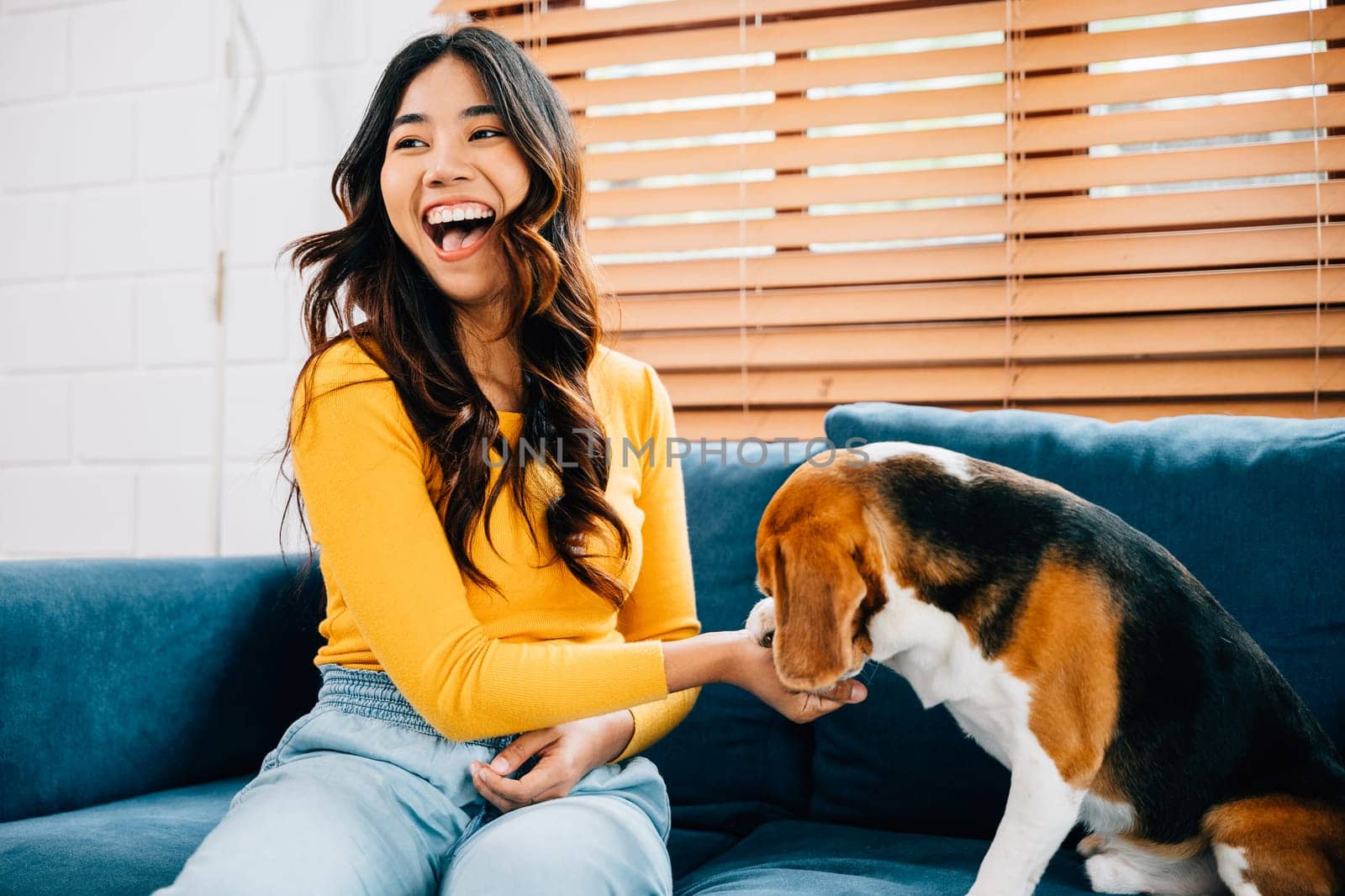 A joyful woman, in her exclusive jumpsuit, shares a heartwarming portrait with her Beagle dog on the sofa at home. Their full family embraces the happiness of their playful bond. Pet love by Sorapop