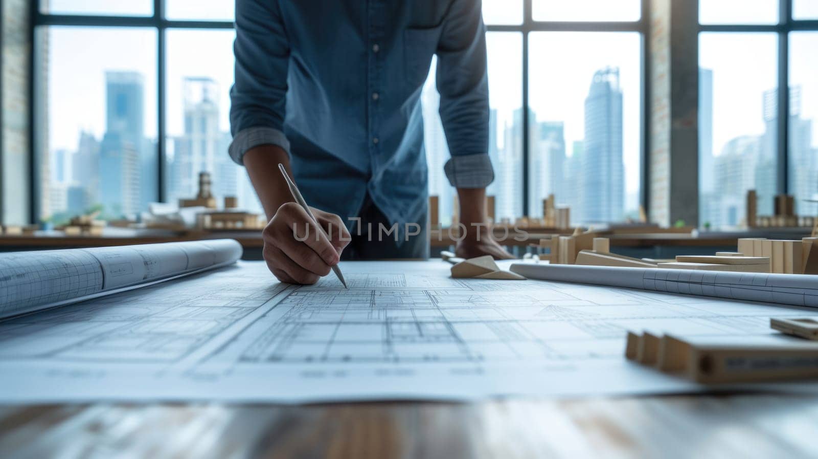 An architect meticulously examines construction blueprints on a desk within a sleek, contemporary office space. AIG41