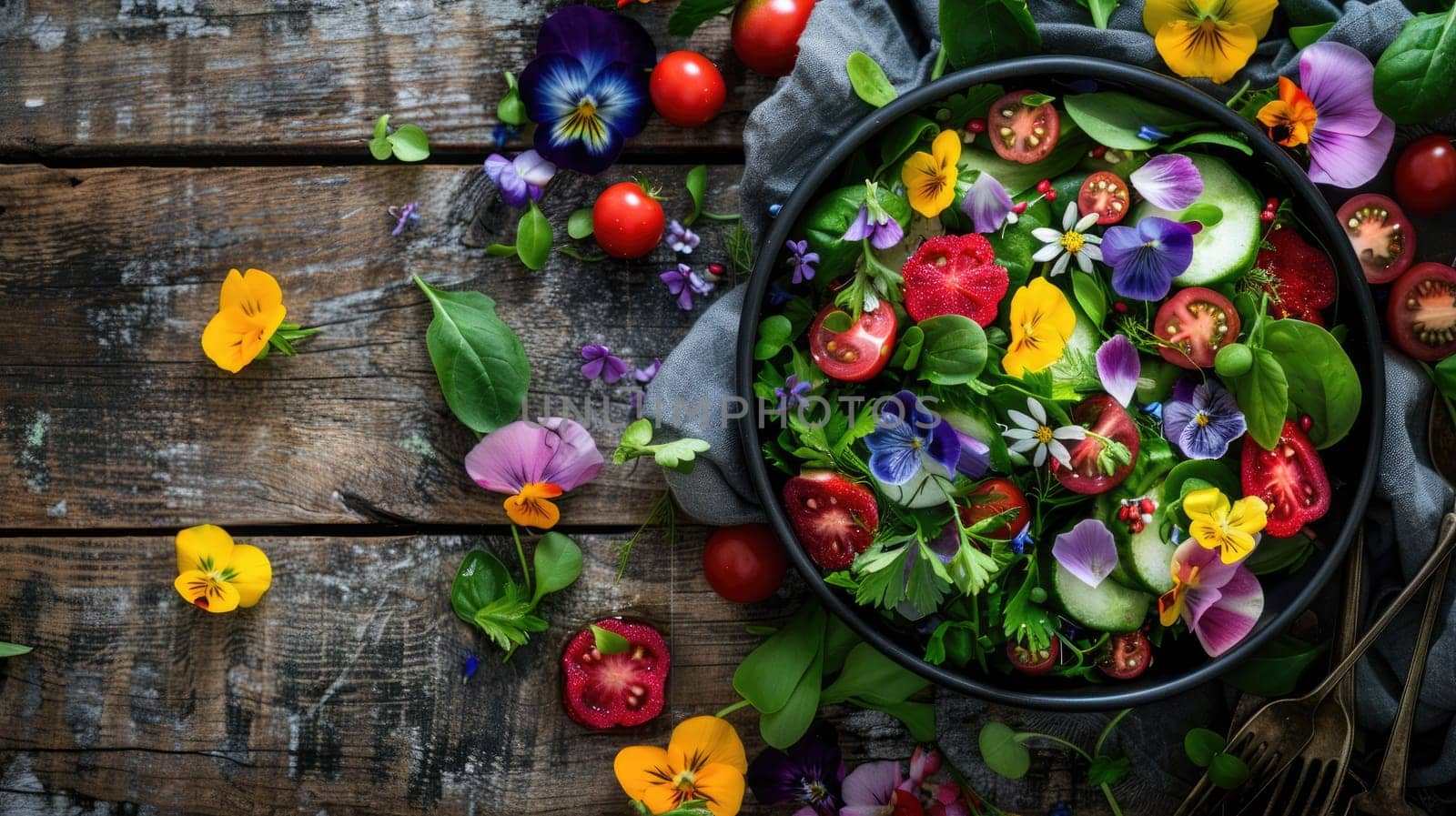 A plantbased recipe using natural foods like vegetables and edible flowers, beautifully presented on tableware. Includes ingredients like roses, fruits, and fresh vegetables AIG50