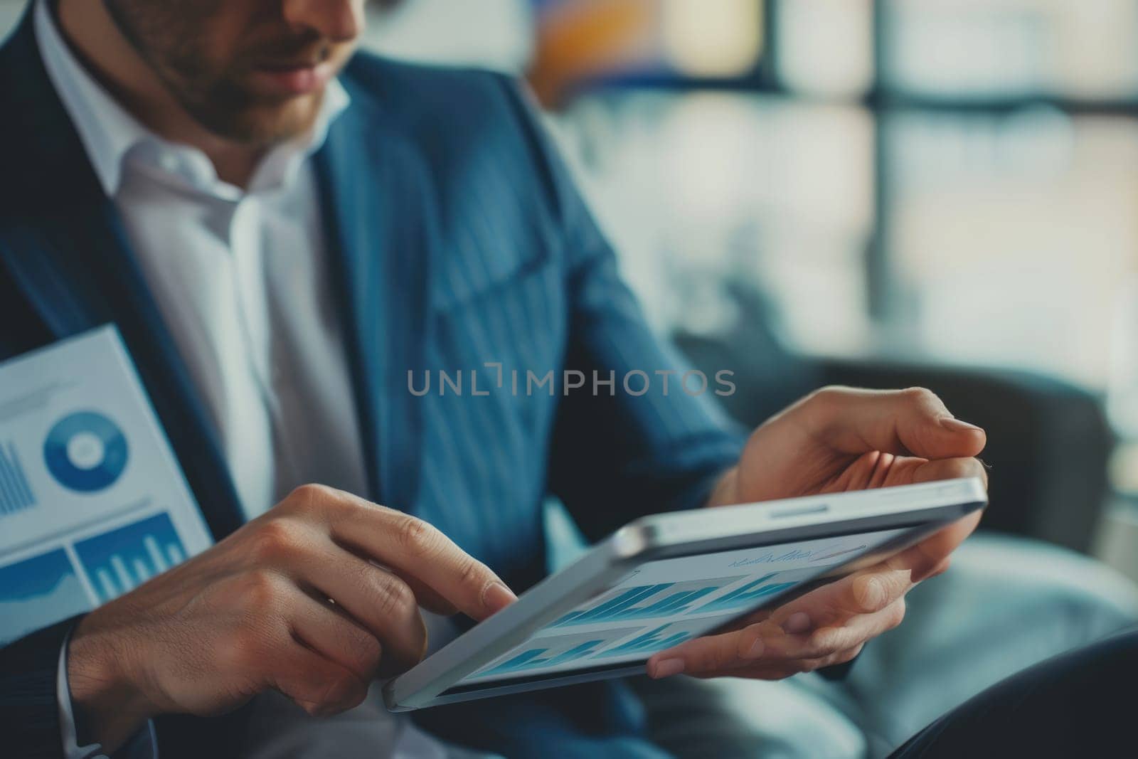 Close up of professional business man reading financial report by using tablet while making decision for investment. Skilled investor planning marketing strategy while checking at data analyze. AIG42.