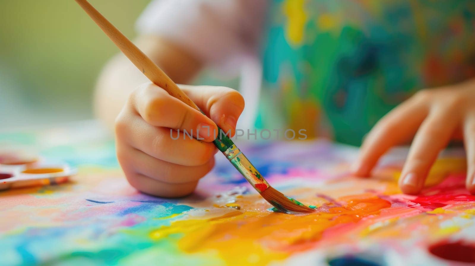 Close up of happy children hands holding paint brush and painting picture with colorful watercolors. Elementary student attend in art lesson while using watercolors and mixing color on paper. AIG42.