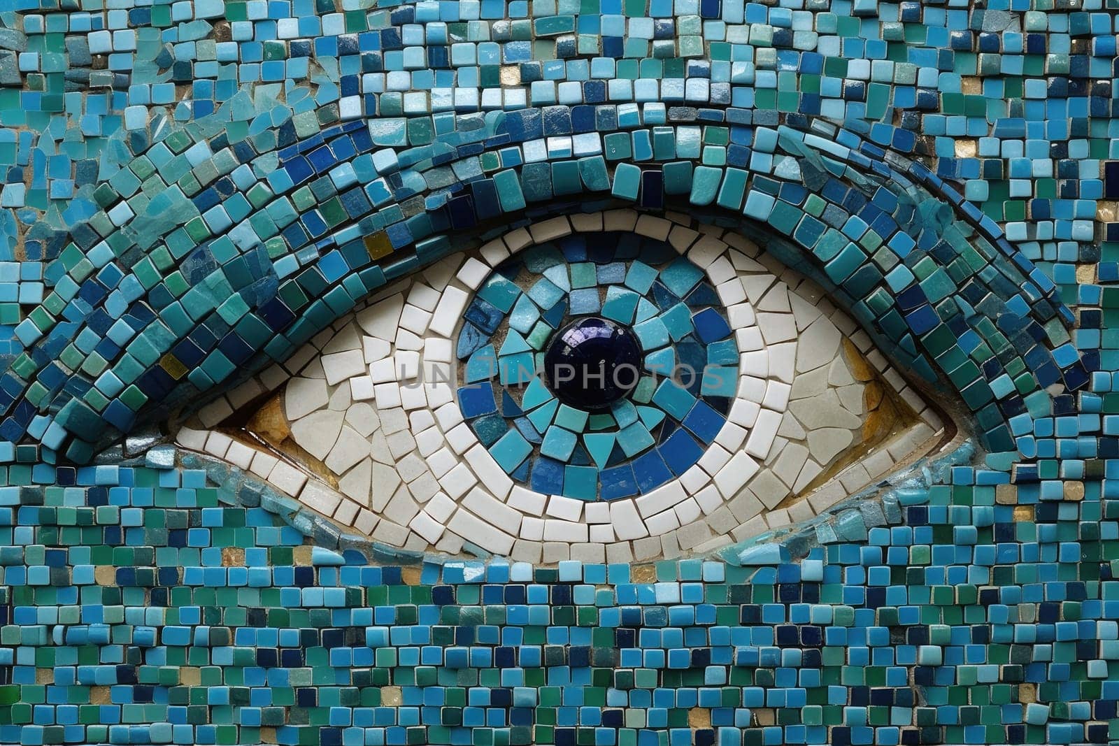 Abstract eye mosaic made of blue tiles and looking at camera. Close up of human eye staring at camera made by blue floor tiles. Artistic concept for vision and perception. Curious, observe. AIG35.
