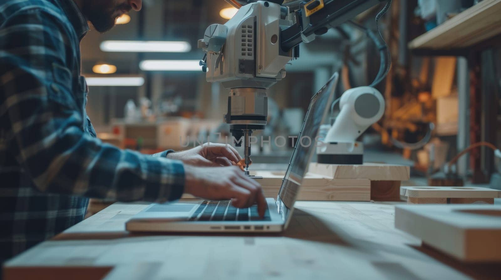 A man operates an engineering machine to cut a piece of hardwood, demonstrating the art of woodworking. AIG41