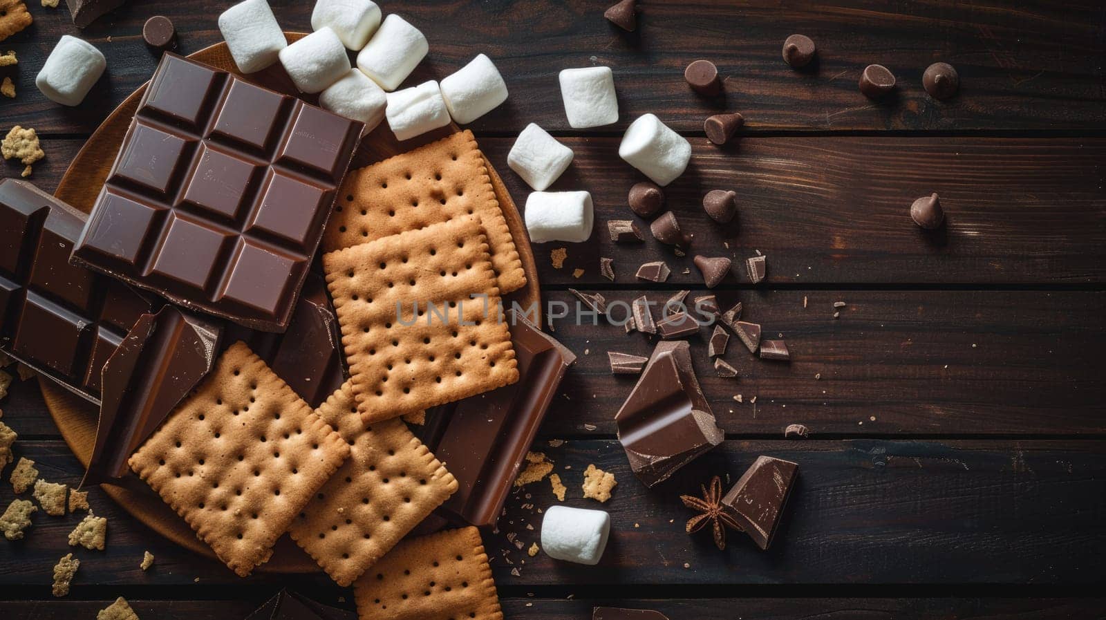 A wooden table featuring a tempting display of food ingredients like chocolate, marshmallows, and crackers, perfect for making delicious indoor smores AIG50