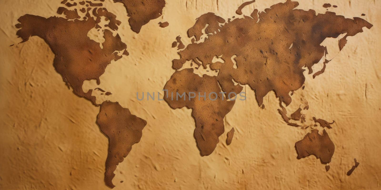 World map in cracked dry soil texture on orange or brown background. Environmental change and global warming concept. Design for climate awareness, earth conservation, geography education. AIG35.