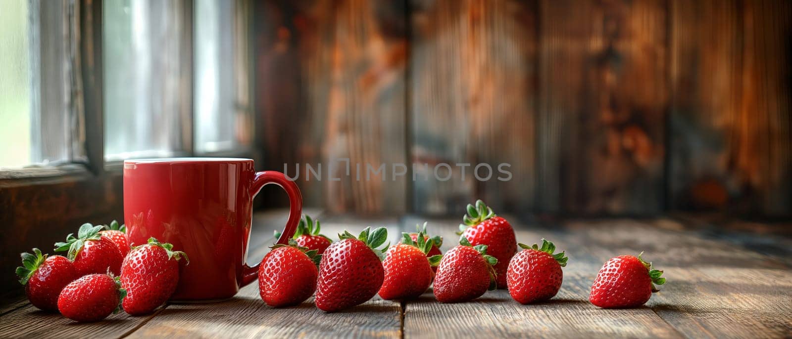 Red Cup With Strawberries on Wooden Table. by Fischeron