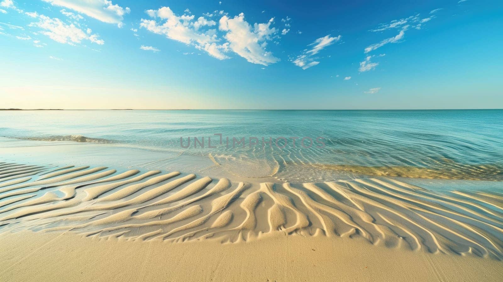 A close up of a sandy beach with waves crashing onto the shore, showcasing the beauty of natures water and wind waves in a natural landscape AIG50