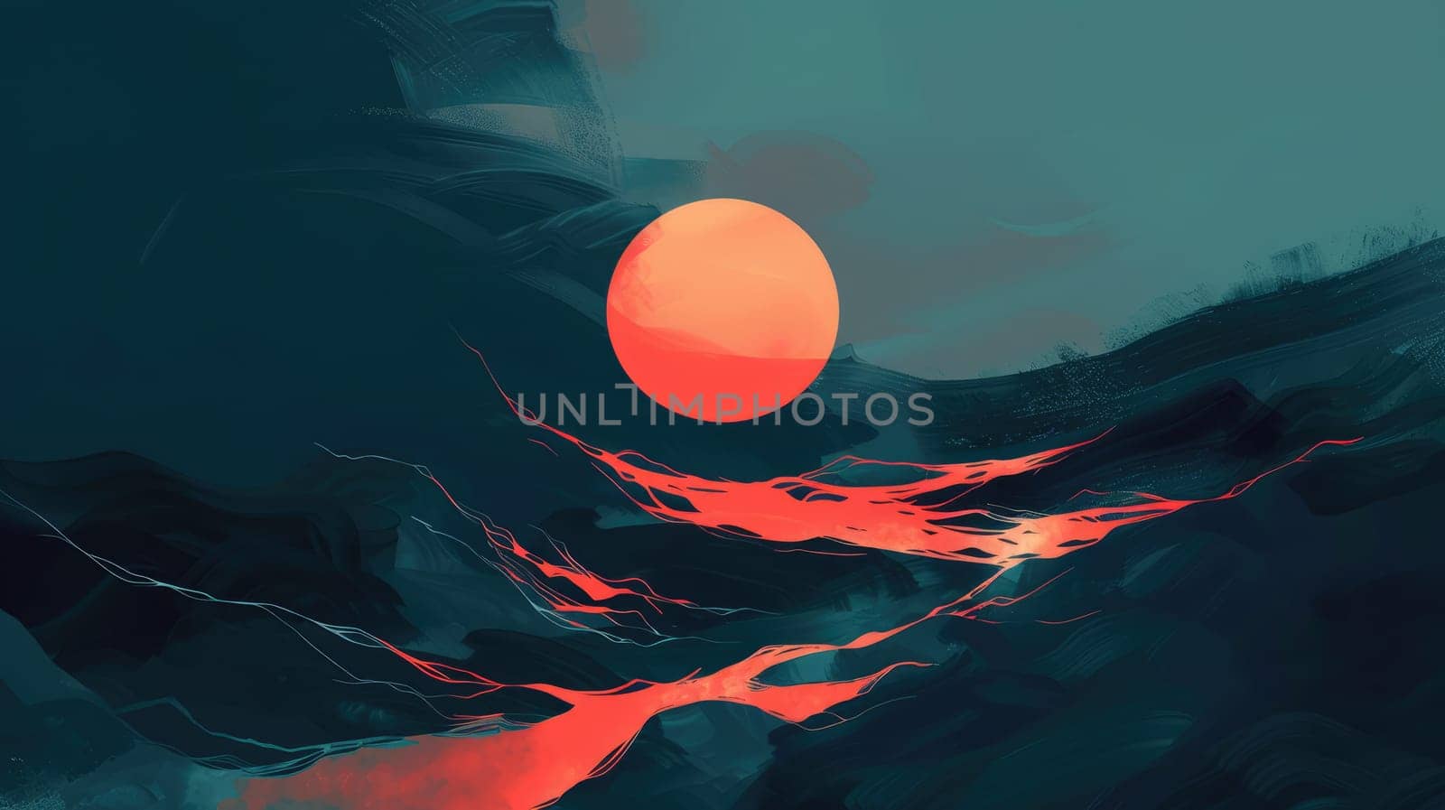 A digital painting of a red moon rising over a mountain range. The sky is dark blue and the mountains are black. The moon is bright red and has a glowing orange aura. The mountains are silhouetted against the sky. AIG51A.