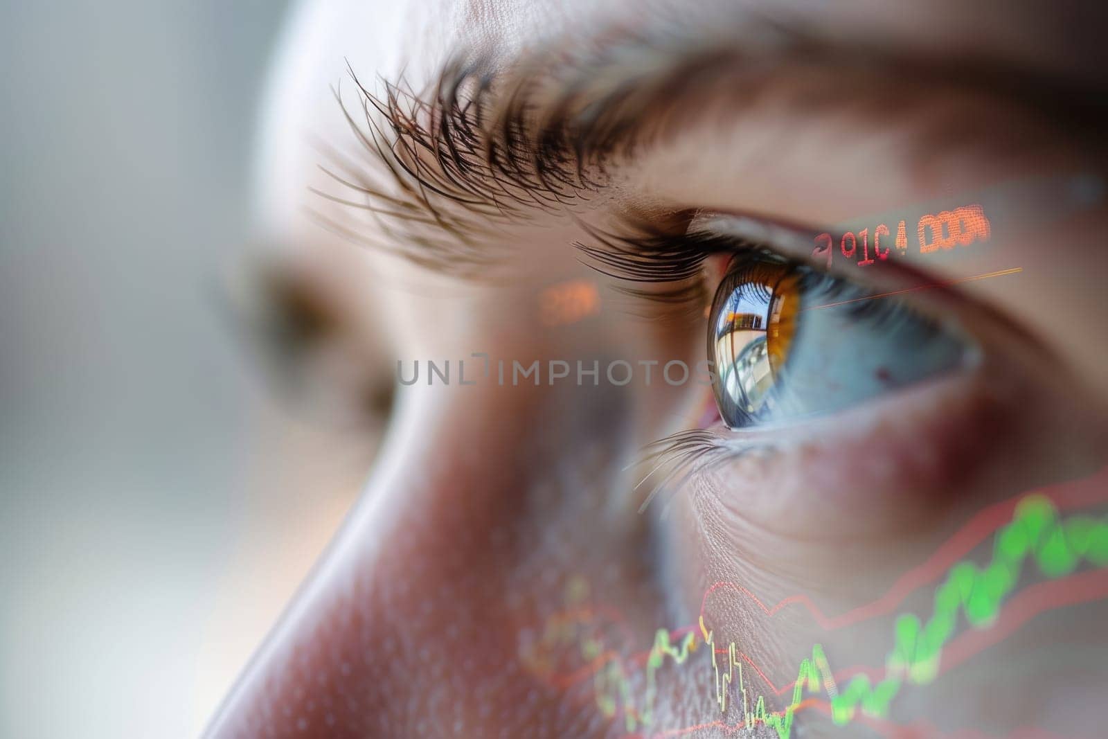 Close up of businesswoman eye with financial graph reflecting in eye. Attractive woman looking financial and marketing data with stock market chart or increasing sales graph reflect in the eye. AIG42.