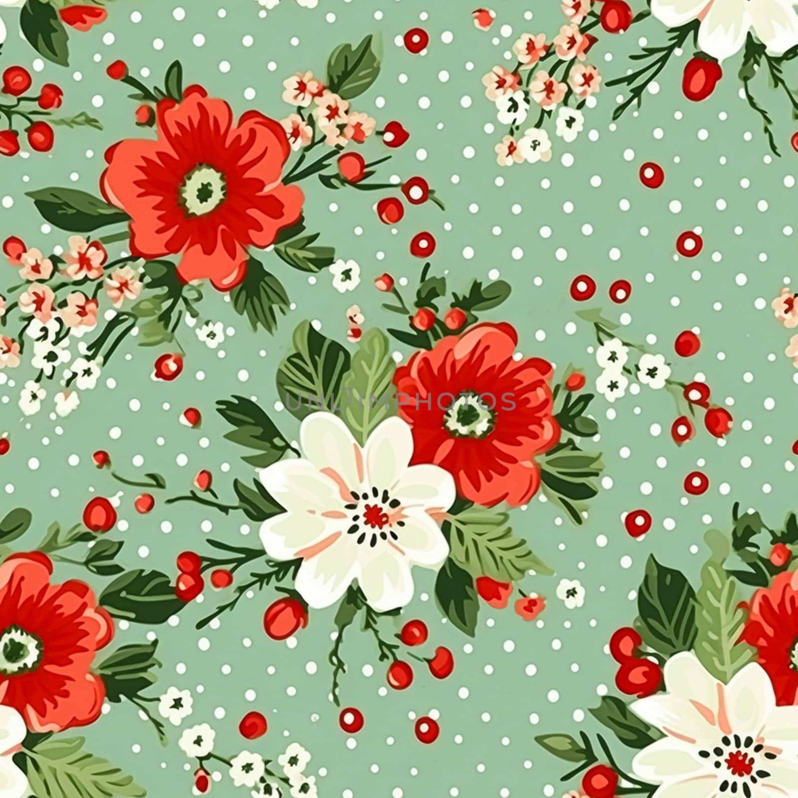 Seamless pattern, tileable Christmas holiday floral country dots print, English countryside flowers for wallpaper, wrapping paper, scrapbook, fabric and product design by Anneleven